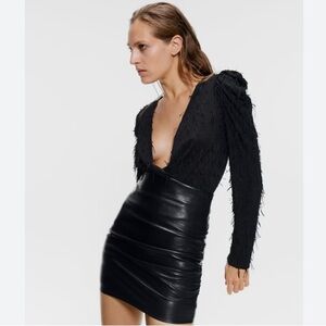 Zara Fringe Puff Long Sleeve Plunge Bodysuit Black